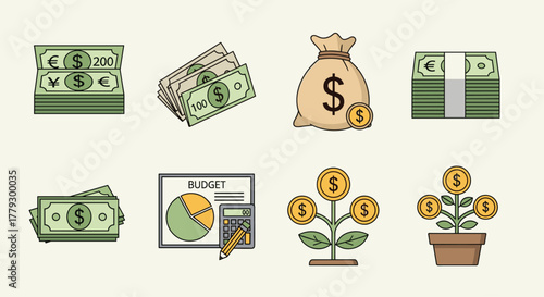 Visualize financial success with diverse money icons depicting savings growth budgets and wealth accumulation for business and personal finance concepts, Generative AI.