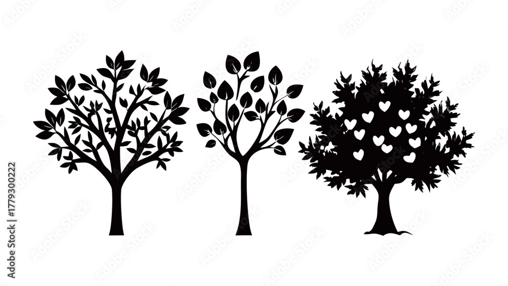 Obraz premium Tree Silhouettes: Three elegant tree silhouettes in a row. Displaying intricate details and nature's simplicity. Perfect for use in design projects.