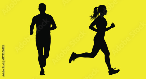 Dynamic silhouettes of a man and woman running energetically against a vibrant yellow background perfect for fitness and health promotions, Generative AI.