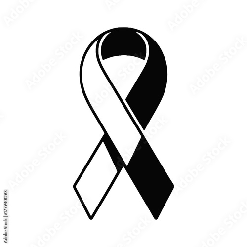 A simple, stark illustration of a black and white ribbon. The ribbon is folded in the classic awareness ribbon shape, with one half of the loop and tail