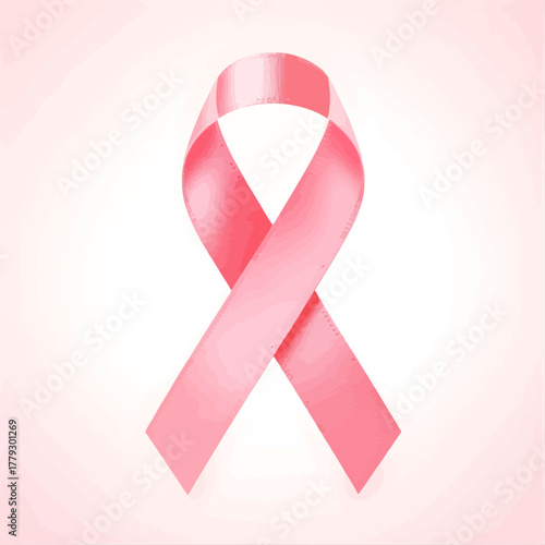 A pink ribbon, the universal symbol of breast cancer awareness, is depicted against a soft pink background. The ribbon is elegantly looped and tied, with its satin texture catching the light. 