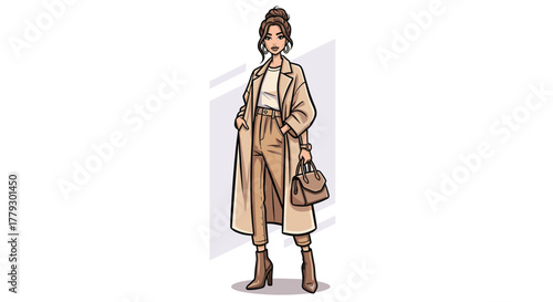 Chic woman confidently showcases modern fashion ensemble with stylish trench coat and designer handbag exuding sophisticated urban elegance, Generative AI.