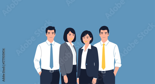 Confident business professionals standing together ready to tackle any challenge projecting teamwork and success in a modern corporate setting, Generative AI.