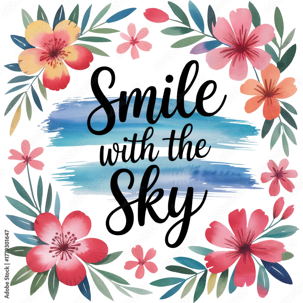 Obraz premium Smile with the Sky - Inspirational floral PNG Clipart, positive quote Shirt, Boho self care png, feminine wall art Design 