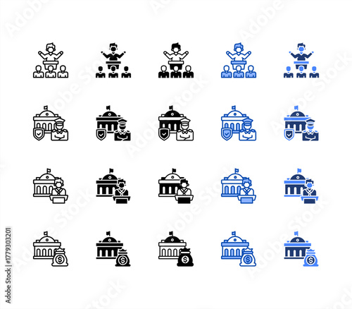 Senator, Security, Governor, Budget multiple style icon set.