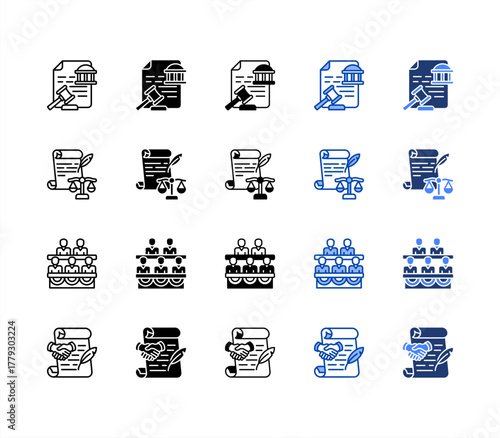 Legislature, Constitution, Parliament, Policy multiple style icon set.