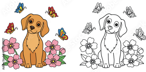 Cute Cartoon Puppy with Butterflies and Flowers Coloring Book Page