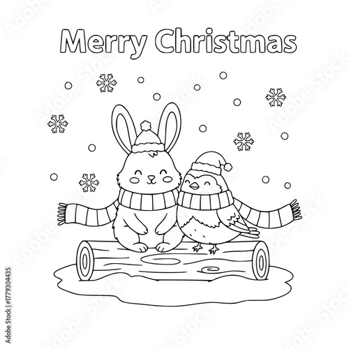Bunny and robin sharing Christmas scarf with “Merry Christmas,” coloring book page for toddlers Generative AI