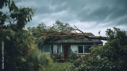 Large fallen tree rests heavily across the roof of a residential dwelling under threatening skies