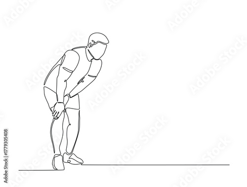 Continuous line art drawing of young man with knee pain. Man struggle with leg injury or trauma in single line art drawing vector illustration. Editable stroke.