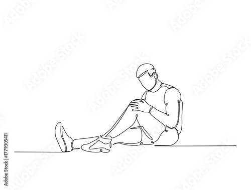 Continuous line art drawing of young man with knee pain. Man struggle with leg injury or trauma in single line art drawing vector illustration. Editable stroke.