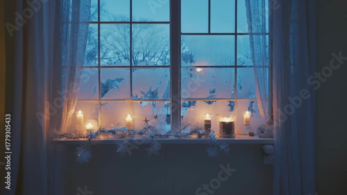 A serene winter scene viewed from indoors, showing a frosty window decorated with softly glowing candles and delicate tinsel garlands. Outside, snow-covered trees stand against a peaceful blue twiligh
