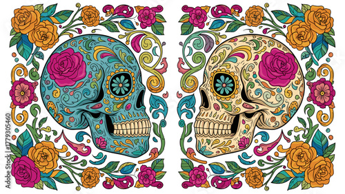 Canvas Print Vibrant Floral Sugar Skulls Illustration