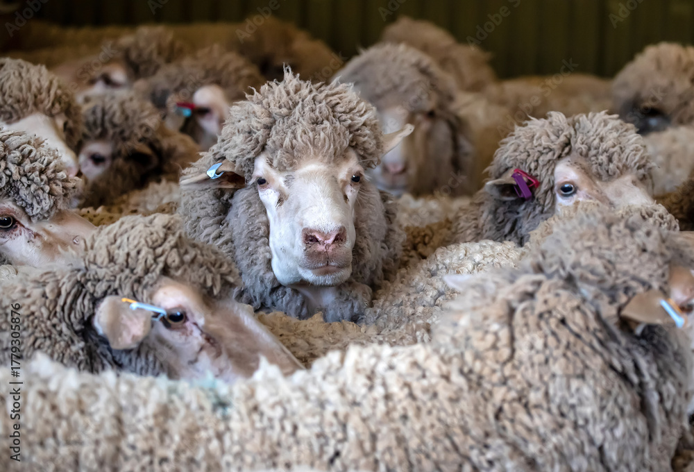 Obraz premium Merino sheep waiting in holding pen inside Australian shearing shed before wool shearing process begins