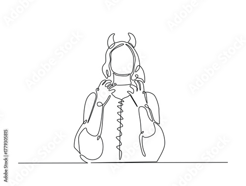 Continuous line art drawing of Woman wearing dracula costume for halloween party. Woman wearing dracula costume in single line art drawing vector illustration. Halloween concept.