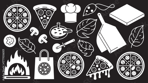 Collection of pizza and italian food ingredients and tools