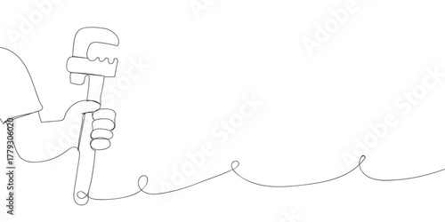 Person holding a wrench, ready to fix plumbing problems. Line draw illustration.