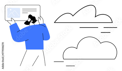 Individual examining a digital document with clouds and simple lines. Ideal for cloud computing, data analysis, technology, innovation, connectivity, remote work, and minimal design. Clean and simple