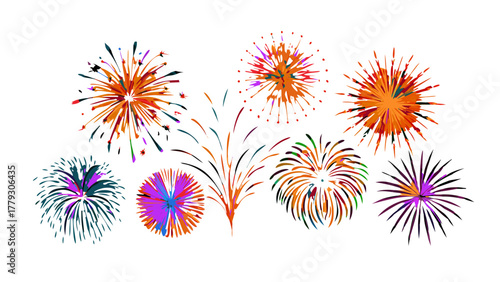Big set of various fireworks with brightly shining sparks. Colorful pyrotechnics show. Realistic fireworks celebration isolated vector illustration. Beautiful light performance in night sky. vector 
