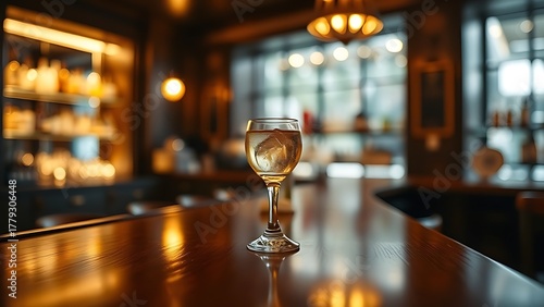 highball. Elegant wooden bar counter with a highball glass, highlighted by moody ambient lighting and blurred backbar. bar promotions.