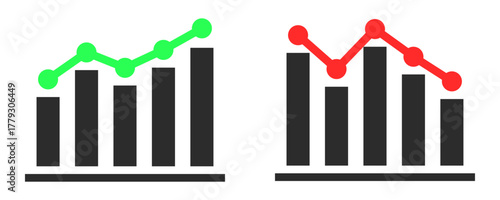 Business performance icon set showing rising green arrow and falling red arrow, concept of profit growth and financial loss, isolated on white background.