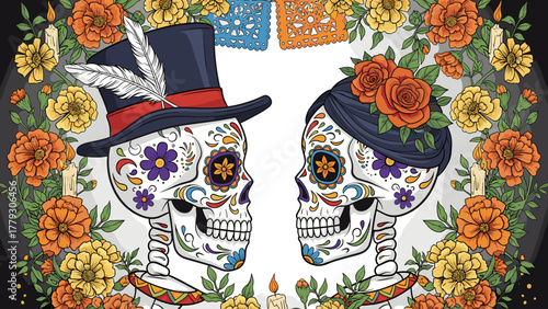 Vibrant Día de los Muertos Sugar Skull Couple Illustration with Marigolds & Papel Picado. Mexican Day of the Dead.