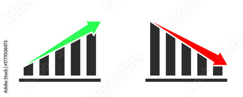 Set of business chart icons with upward green arrow and downward red arrow, representing financial growth and decline, success and loss, isolated on white background.