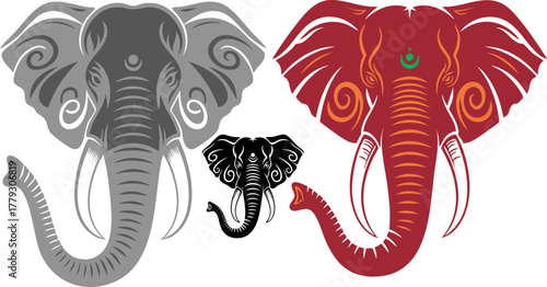Two stylized elephant heads in gray and red with decorative elements on black background