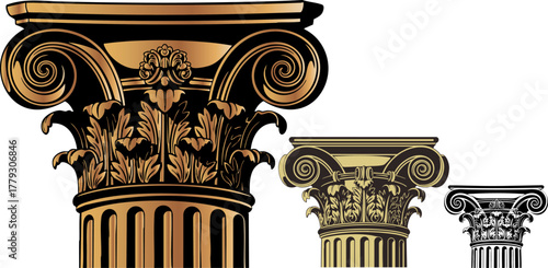 Three ornate golden ionic columns of varying sizes against a black background