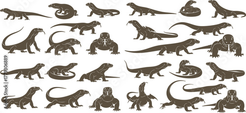Collection of pixelated lizard silhouettes in various poses on a black background