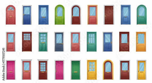 A diverse collection of colorful front doors in various styles, a flat design vector illustration