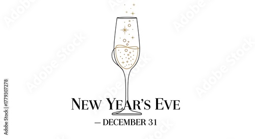 Photography Elegant champagne glass for new years eve celebration on white background