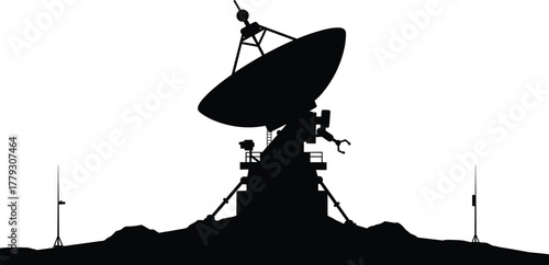 Satellite dish silhouette, space communication, ground station, astronomy equipment, remote observatory, signal transmission, science technology, antenna tower, night sky, exploration