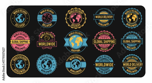 Set of worldwide shipping and global delivery vintage stamp badges, a colorful vector illustration collection