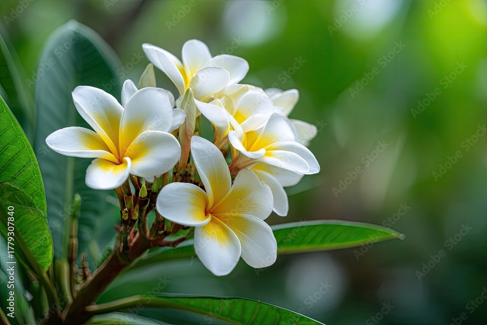 Obraz premium Close-up of clustered white and yellow flowers with green foliage against a blurred bokeh background