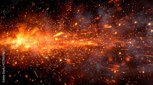 Brilliant incandescent sparks erupt outwards from a central point against a dark background