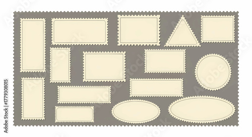 A collection of blank postage stamps with perforated edges in various shapes. Vector illustration set