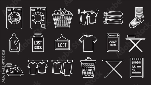 Collection of laundry icons and symbols on a dark background