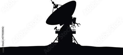 Satellite dish silhouette, space communication, astronomy equipment, data transmission, night sky, technology, observatory, science, antenna, robotic arms, research platform