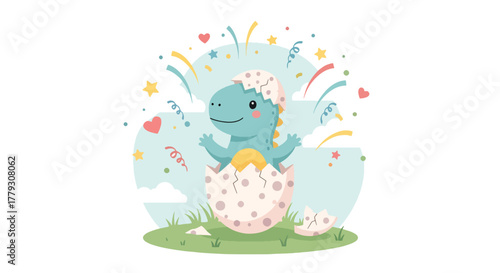 Baby chibi dinosaur hatching from cracked egg with confetti and stars. Fun and cheerful kids wallpaper in solid pastel colors