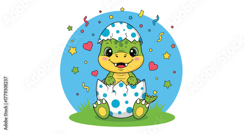 Baby chibi dinosaur hatching from cracked egg with confetti and stars. Fun and cheerful kids wallpaper in solid pastel colors