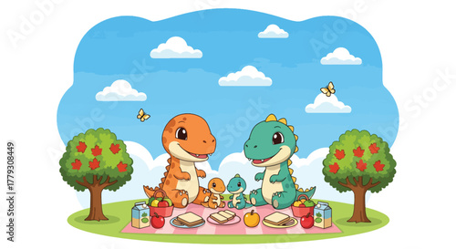 Chibi dinosaur family enjoying picnic with food under trees, butterflies and soft hills. Warm wholesome kids wallpaper