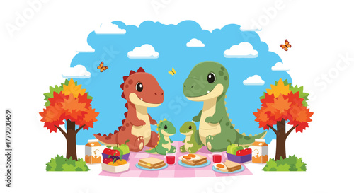 Chibi dinosaur family enjoying picnic with food under trees, butterflies and soft hills. Warm wholesome kids wallpaper