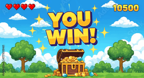 Pixel art game 'You Win' screen with an open treasure chest full of gold, vector illustration concept