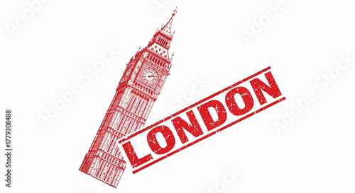 Grunge red stamp effect of a London clock tower landmark, a distressed travel symbol vector illustration