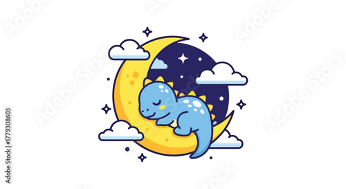 Baby chibi dinosaur sleeping on crescent moon surrounded by stars and clouds. Calm dreamy kids night wallpaper