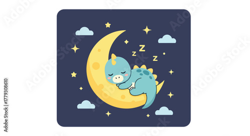 Baby chibi dinosaur sleeping on crescent moon surrounded by stars and clouds. Calm dreamy kids night wallpaper