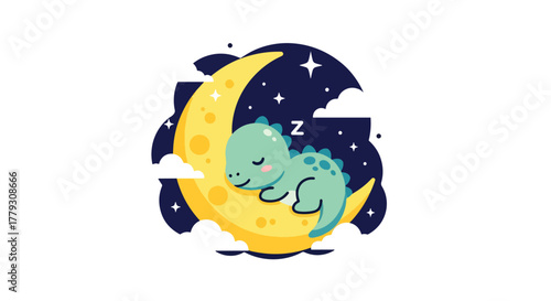 Baby chibi dinosaur sleeping on crescent moon surrounded by stars and clouds. Calm dreamy kids night wallpaper
