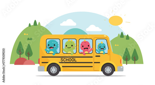 Chibi dinosaurs riding in school bus, waving happily while driving through hills. Fun back-to-school wallpaper