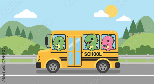 Chibi dinosaurs riding in school bus, waving happily while driving through hills. Fun back-to-school wallpaper